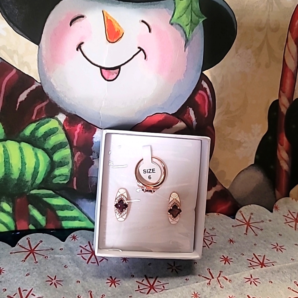 Natural Garnet & White Enamel Ring Earring Gift Set